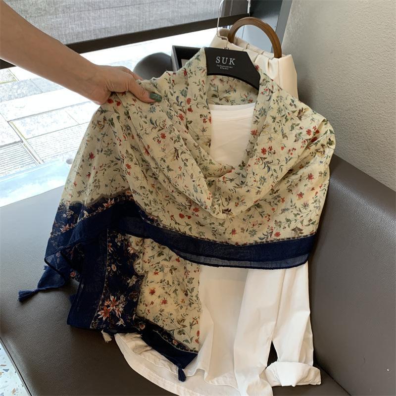 Elegant Navy Blue Floral Printed Imported Summer Friendly Long Tassel Hijab / Orna