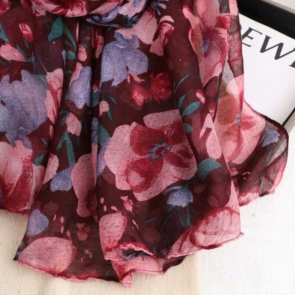 Beautiful Wine Red Floral Patterned Soft Lightweight Long Hijab / Orna