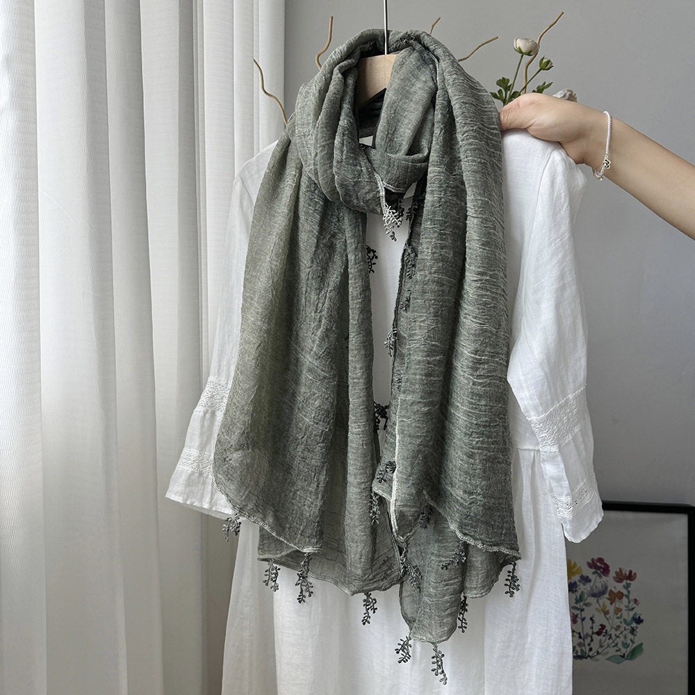 Elegant Green Summer-Friendly Long Cotton Imported Hijab Finished With Hanging Leaves Tassel Fringes Along The Borders
