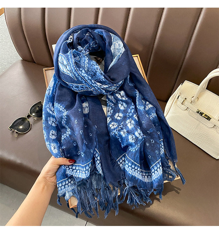 Ethnic Tie-Dye Style Buckle Women's Travel Sun Protection Yunnan Blue and White Literature Art Chinese Scarf / Hijab