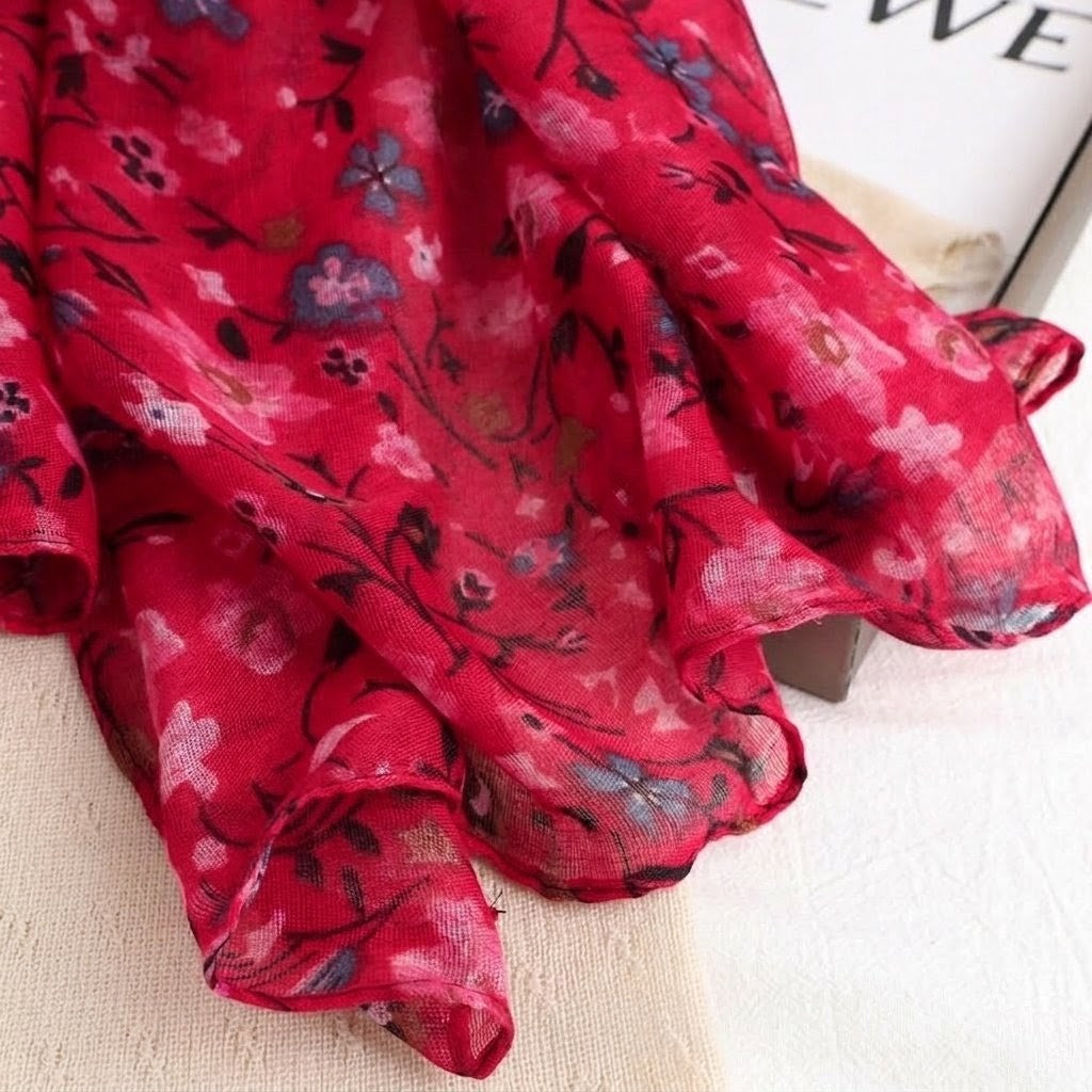Gorgeous Red Floral Printed Soft Lightweight Long Hijab / Orna