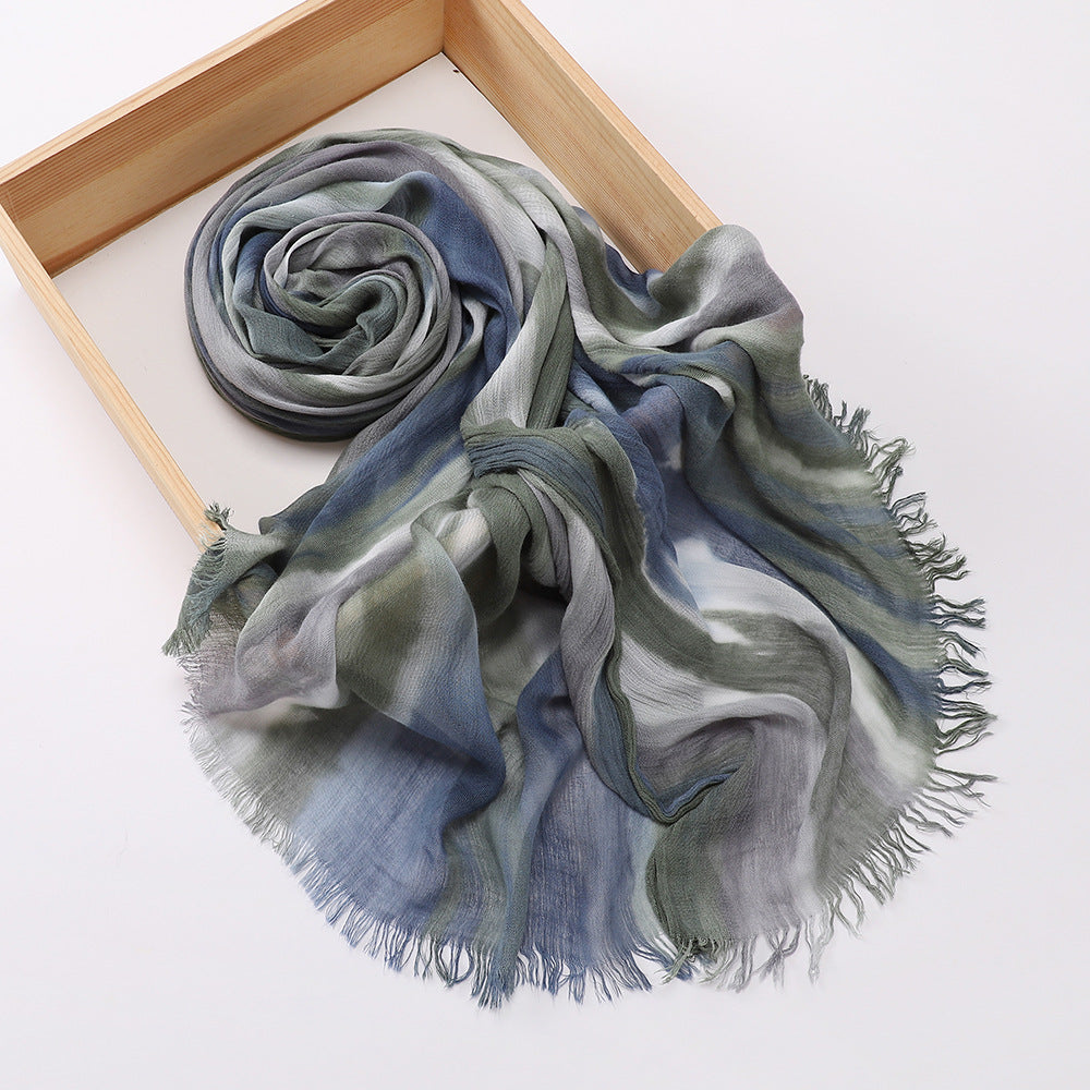 Beautiful Light Blue High Quality Tudung Rayon Cotton Scarf Women Girl Ombre Striped Imported Long Crinkle Breathable Printed Hijab / Orna
