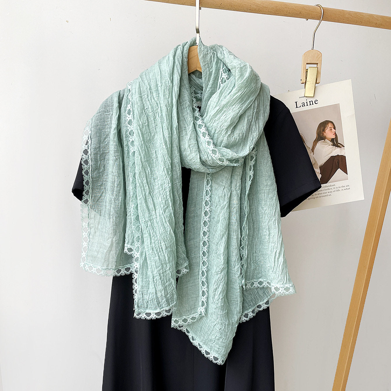 Stylish Mint Green Versatile Artistic Lace Edged Imported Premium Summer Friendly Cotton Hijab / Orna