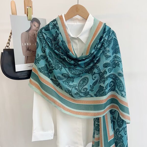 Stunning Teal Color Imported Summer Friendly Printed Long Hijab / Orna