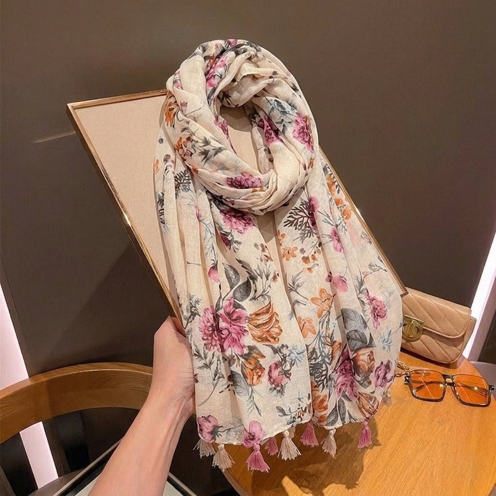 Sophisticated Ivory Color Floral Printed Imported Summer Friendly Long Tassel Hijab / Orna