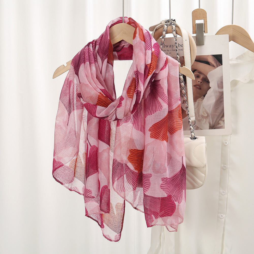 Pretty Pink Imported Gingko Leaf Printed Soft Summer Friendly Long Hijab / Orna