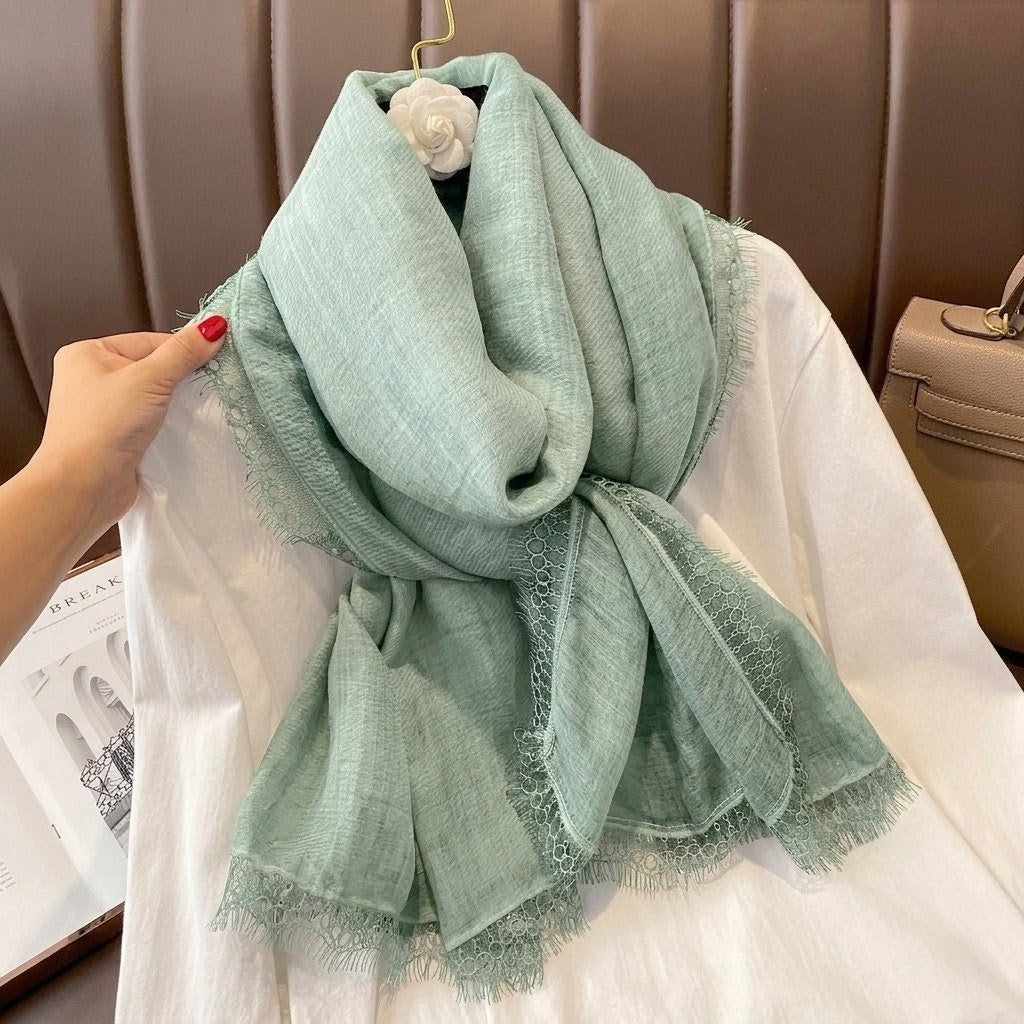 Fashionable Bean Green New Japanese Travel Sunscreen Literary Retro Women's Summer Friendly All-match Solid Color Long Cotton Lace Hijab / Orna