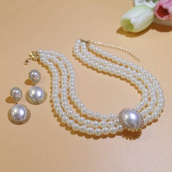 Elegant Alloy Cross-Border Imitation Pearl Vintage Bridal Necklace French Dress Autumn Accessories Oval Pearl Necklace Earring Set