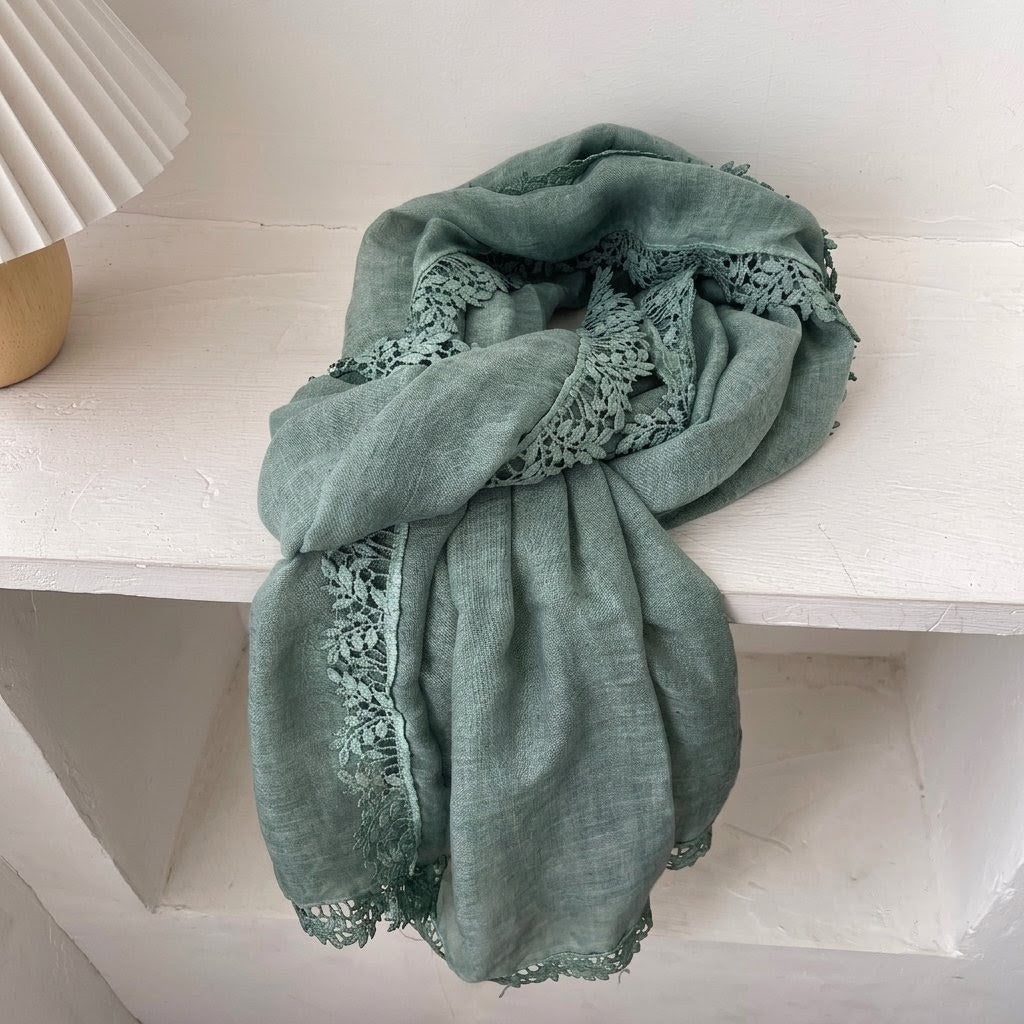 Classy Lake Green Artistic Lace Edged Imported Premium Summer Friendly Cotton Hijab / Orna