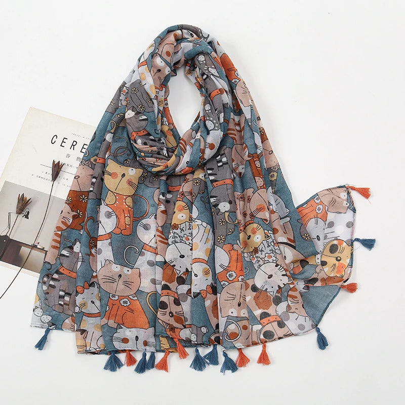 Colorful Cat Printed Soft Long Summer Friendly Tassel Hijab / Orna