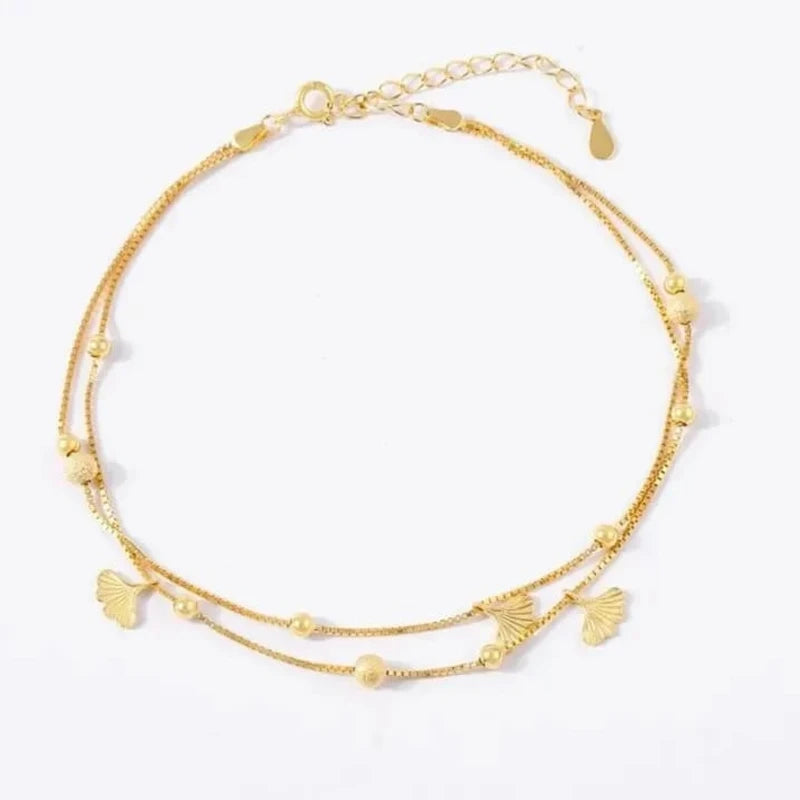 Exquisite Double layered Golden Color Ginkgo Leaf Anklet Chain