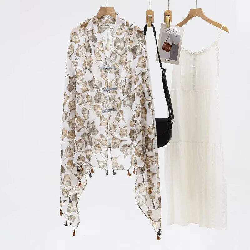 Ethnic style gray color printed soft tassel cape