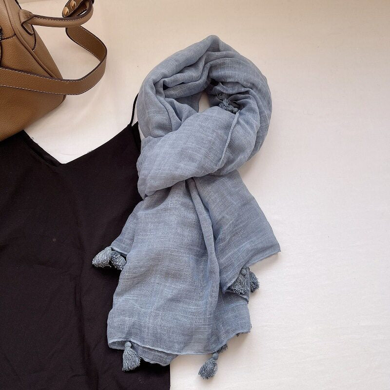 Elegant Dusty Blue Fringed Vintage-Style Imported Super Soft Long Summer Friendly Tassel Cotton Hijab / Orna