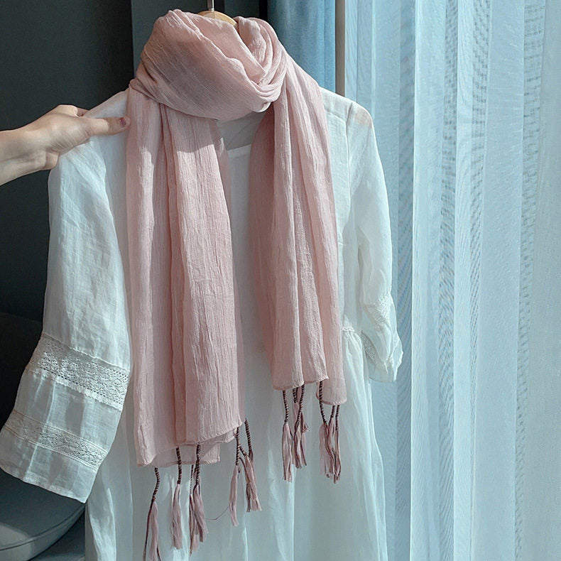 Pretty Pink Color Winding Tassel Cotton Hijab