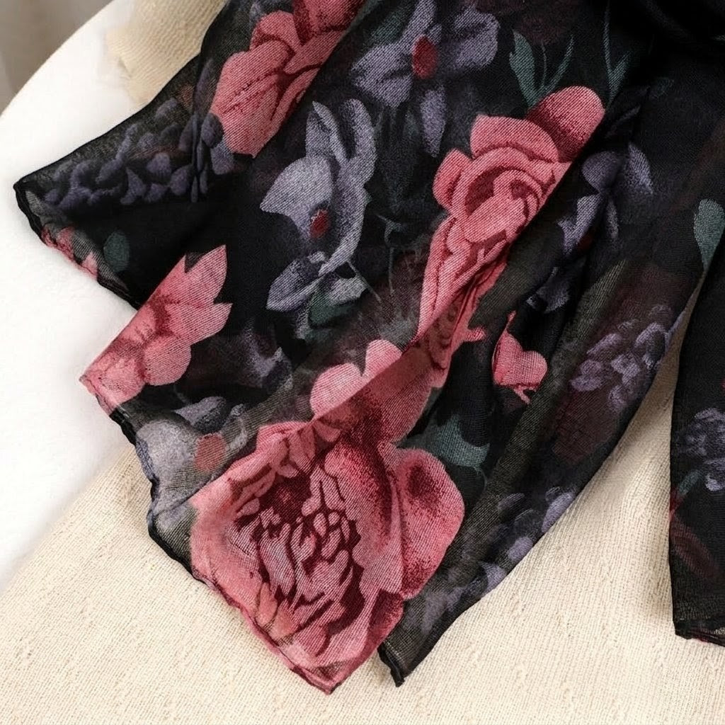 Classy Black Floral Patterned Soft Lightweight Long Hijab / Orna