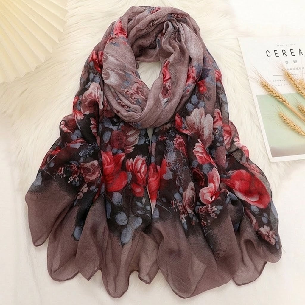 Elegant Purplish-Grey Color Floral Printed Soft Lightweight Long Hijab / Orna