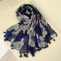 Elegant blue white mixed printed tassel cotton hijab / orna
