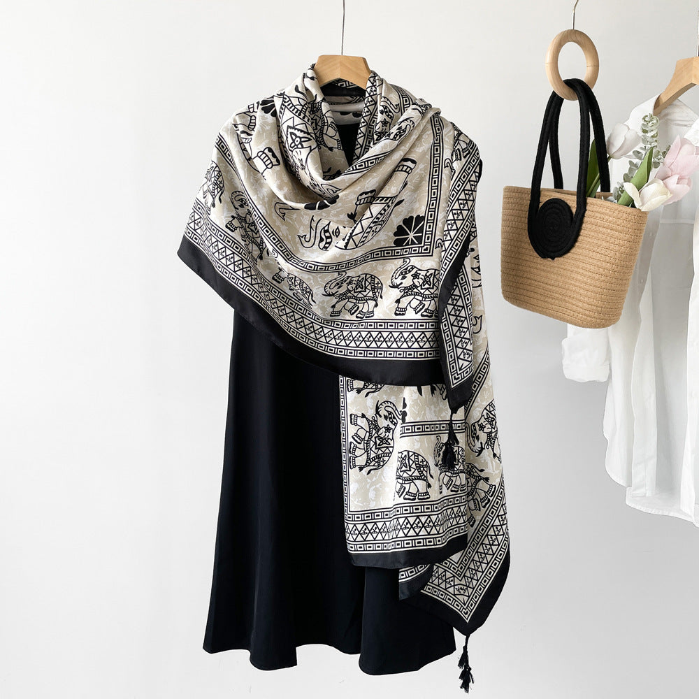 Stylish Black & Beige Ethnic Style Printed Summer Friendly Long Tassel Hijab / Orna