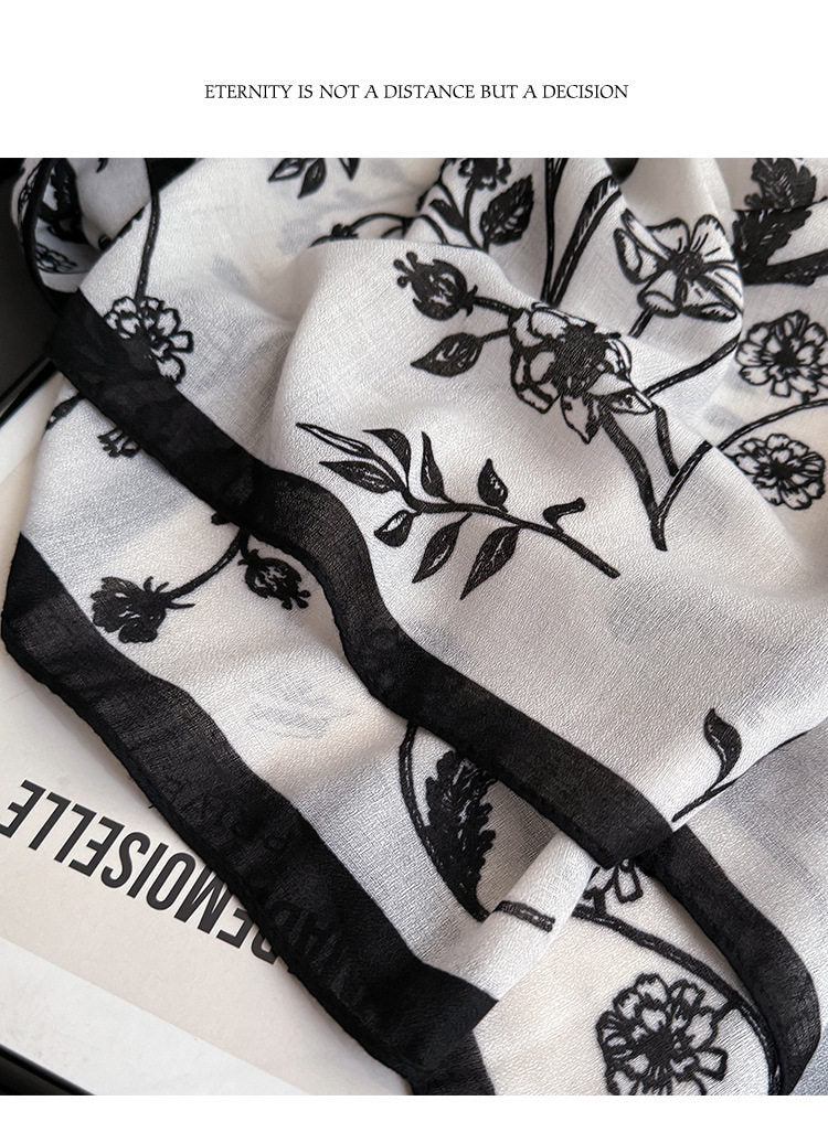 Beautiful Black & White Color Imported Summer Friendly Floral Printed Long Hijab / Orna