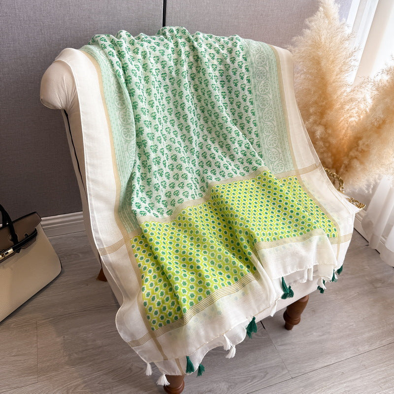 Exotic Green Printed Long Soft Imported Summer Friendly Tassel Hijab / Orna