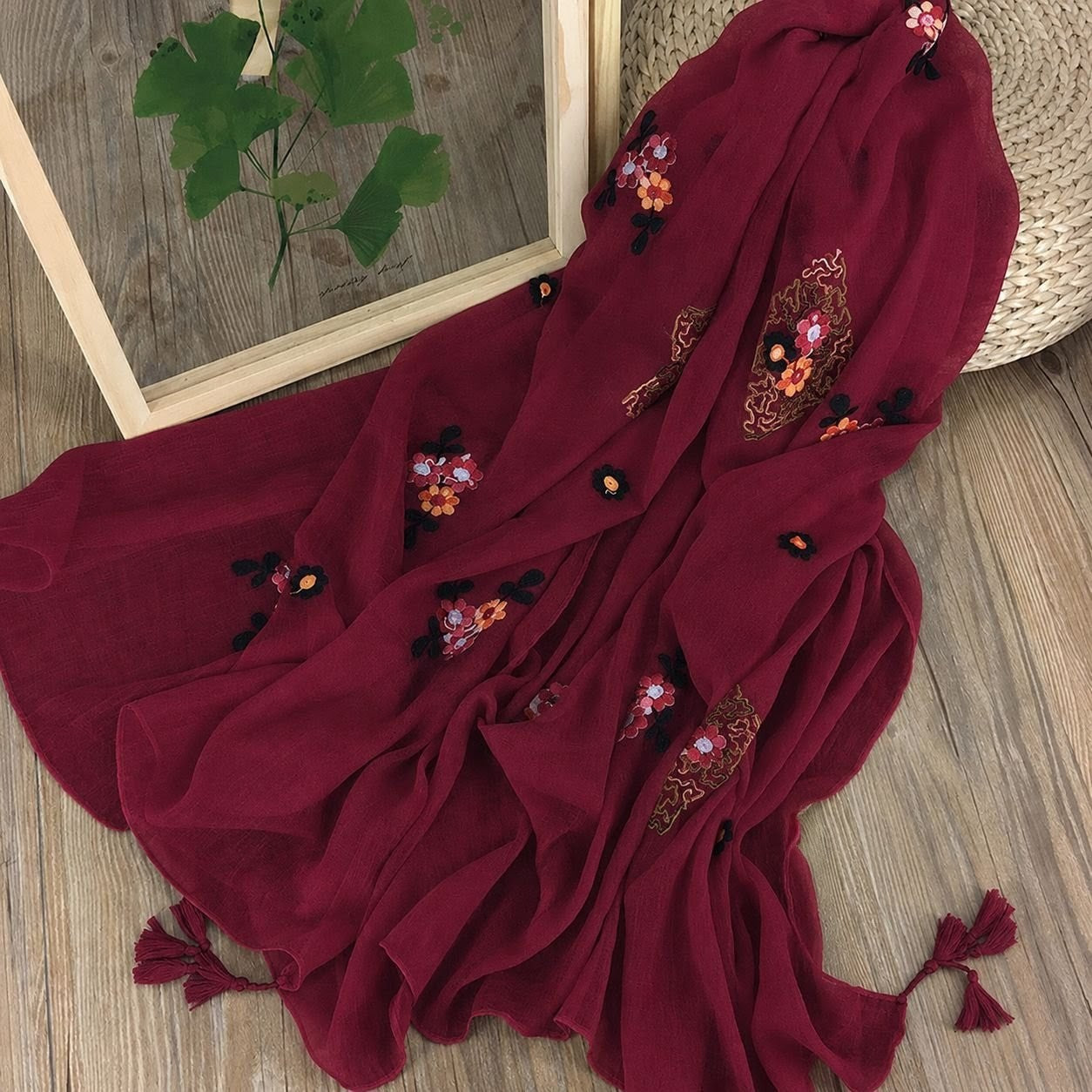 Gorgeous Maroon Color Embroidered Cotton Tassel Hijab/Orna