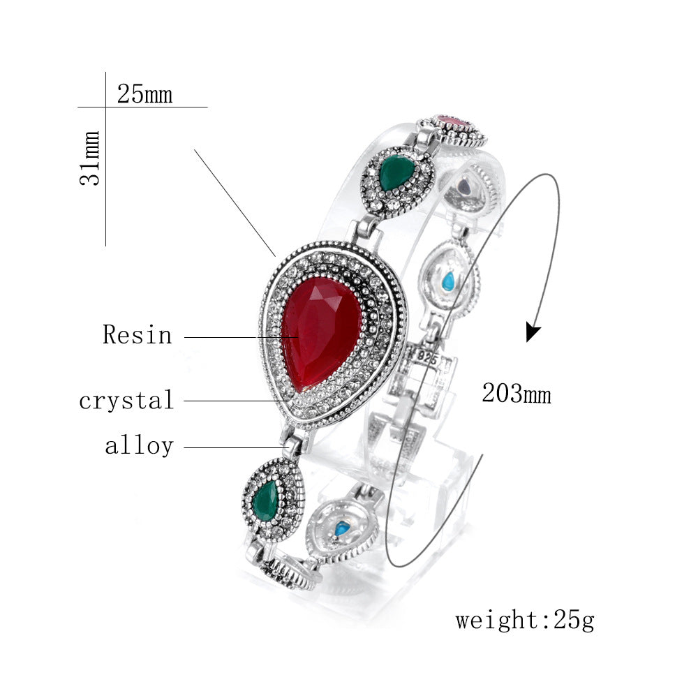 Vintage Fashion Water Drops Red Big Gemstone Diamond Noble Ladies Imported Silver Bracelet Colorful Resin Stone Elegant Temperament