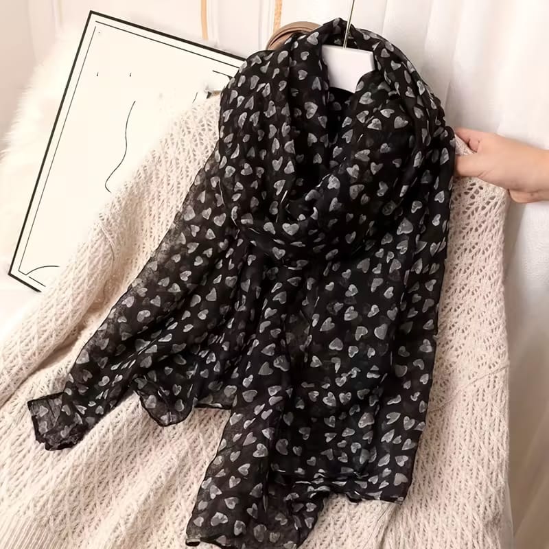 Elegant Black Heart Patterned Soft Lightweight Long Hijab / Orna