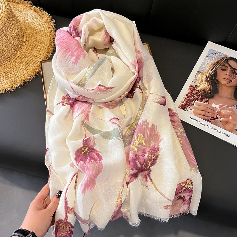 Pretty Pink Color High Quality Imported Long Soft Floral Printed Party Hijab / Orna