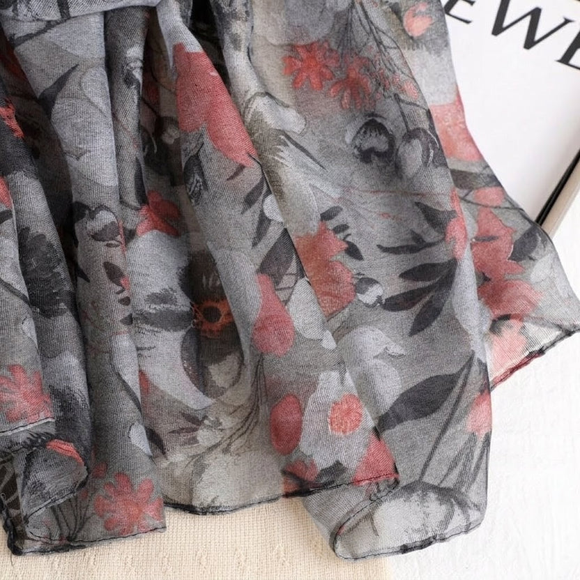 Stunning Grey Colour Floral Patterned Soft Lightweight Long Hijab / Orna