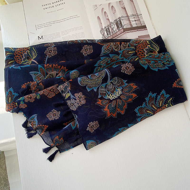 Imported Floral Printed Tassel Long Soft Hijab