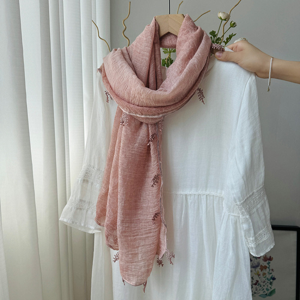 Lovely Pink Summer-Friendly Long Cotton Imported Hijab Finished With Hanging Leaves Tassel Fringes Along The Borders
