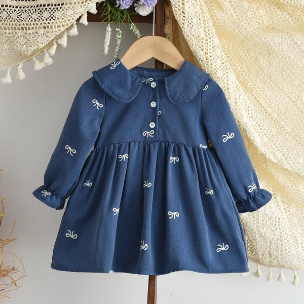 Imported Baby Girl Flower Embroidered Blue Color Lapel New Baby Girl Long-Sleeved Pullover Princess Dress