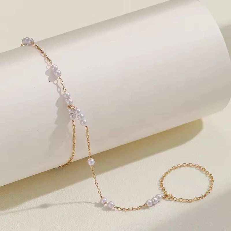 Pearl Link Bracelet Finger Ring For Women Connecting Ring Bracelet Chain Bracelet