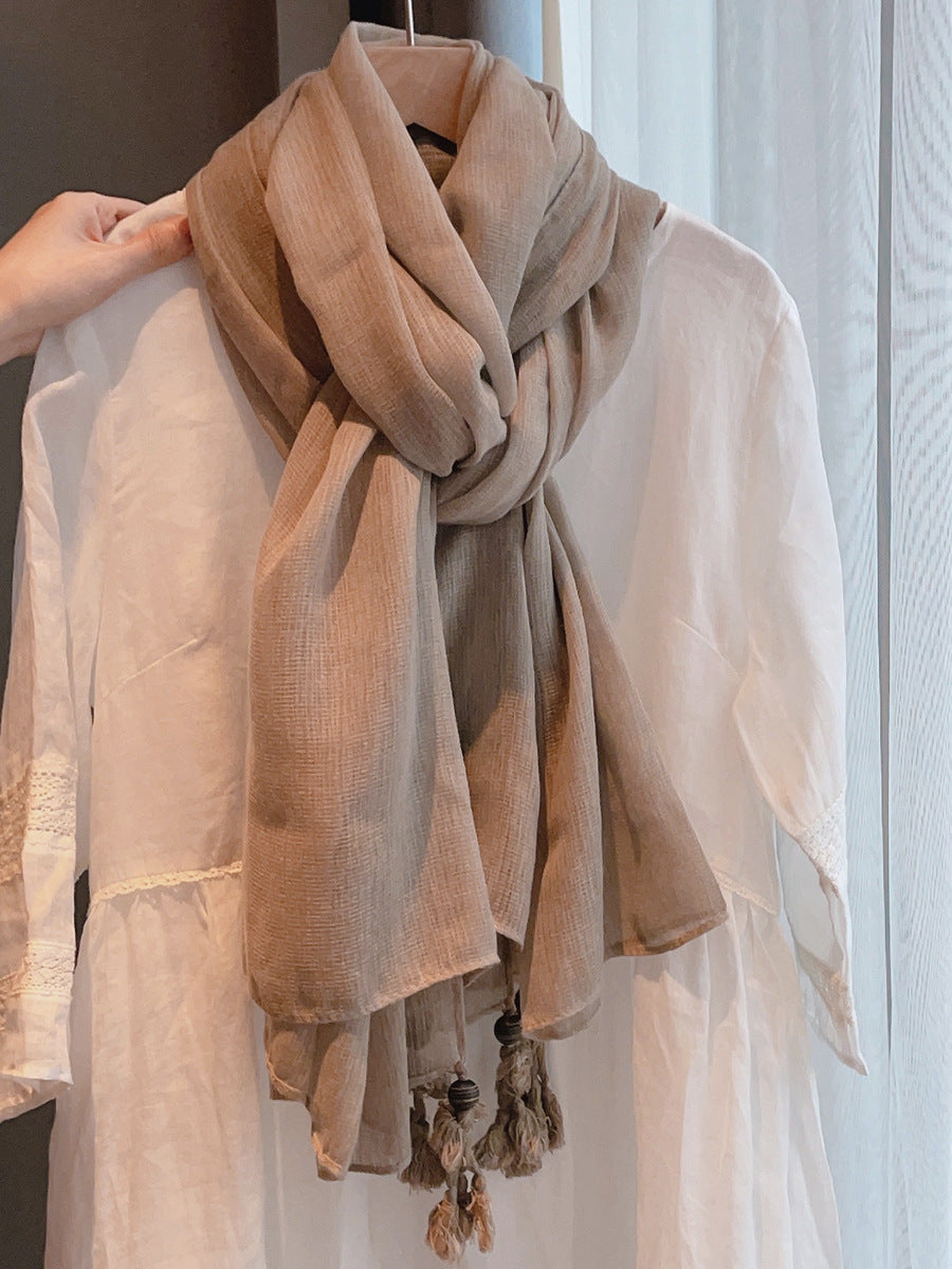 Stylish Light Brown Soft Long Summer Friendly Imported Wooden Bead Tassel Cotton Hijab / Orna