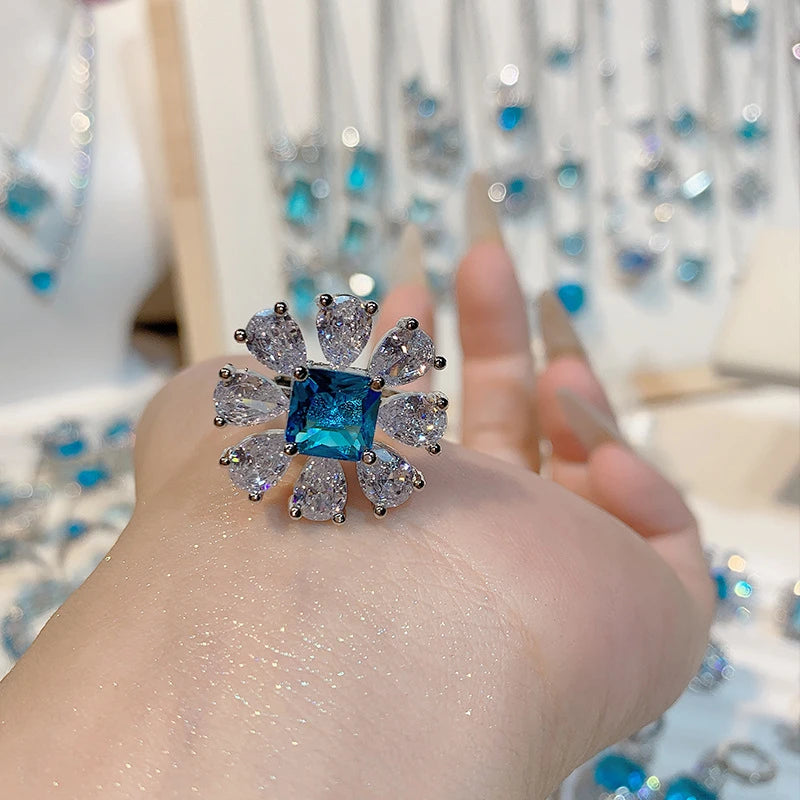 Ocean Blue Zirconia Stylish Adjustable Ring