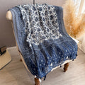 Elegant Blue White Floral Printed Long Soft Imported Summer Friendly Tassel Hijab / Orna