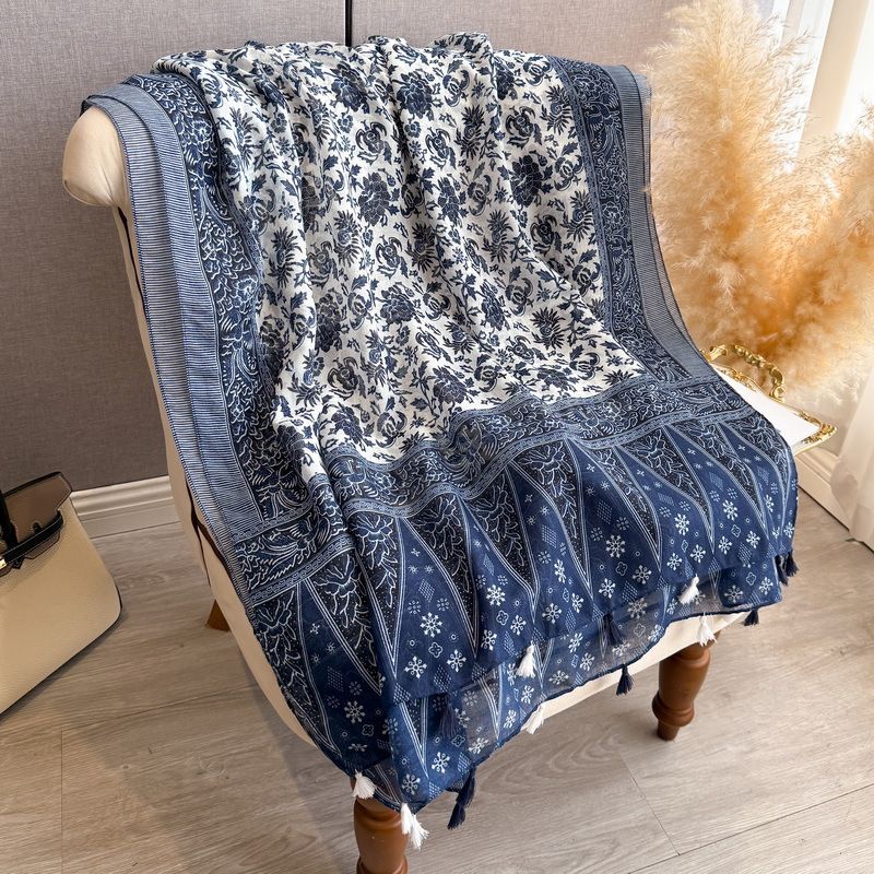 Elegant Blue White Floral Printed Long Soft Imported Summer Friendly Tassel Hijab / Orna