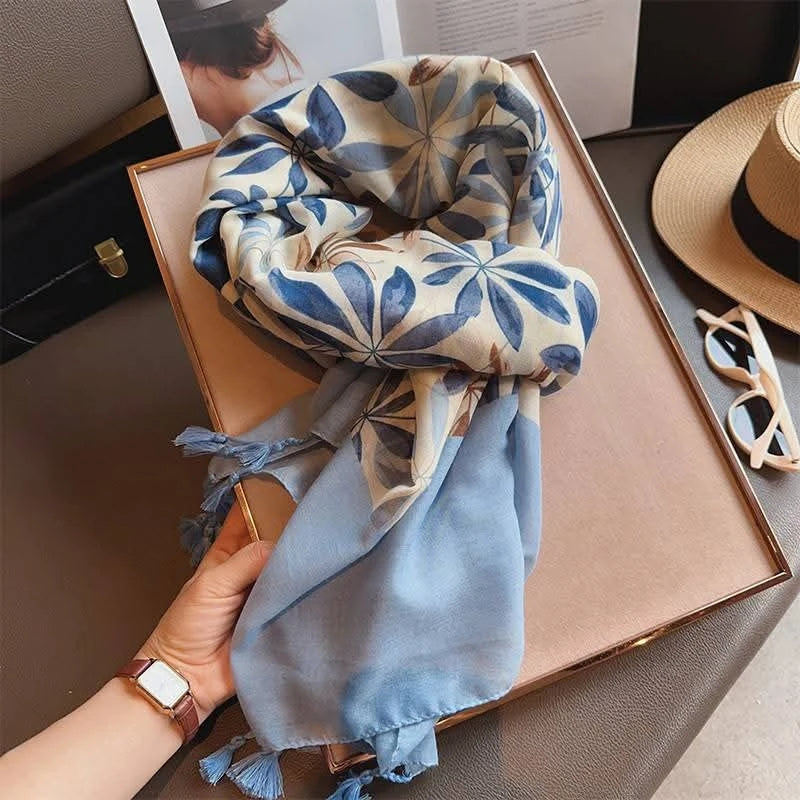 Imported sky blue floral printed tassel cotton hijab / orna