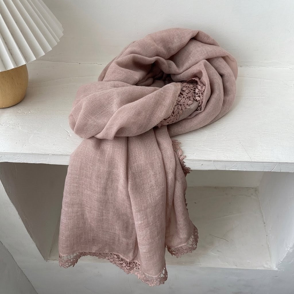 Lovely Blush Pink Artistic Lace Edged Imported Premium Summer Friendly Cotton Hijab / Orna