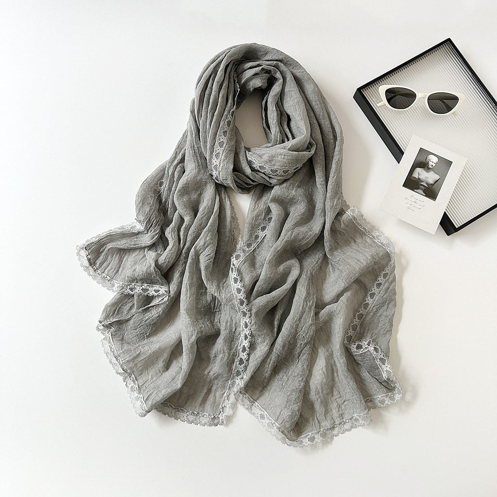 Elegant Grey Color Versatile Artistic Lace Edged Imported Premium Summer Friendly Cotton Hijab / Orna