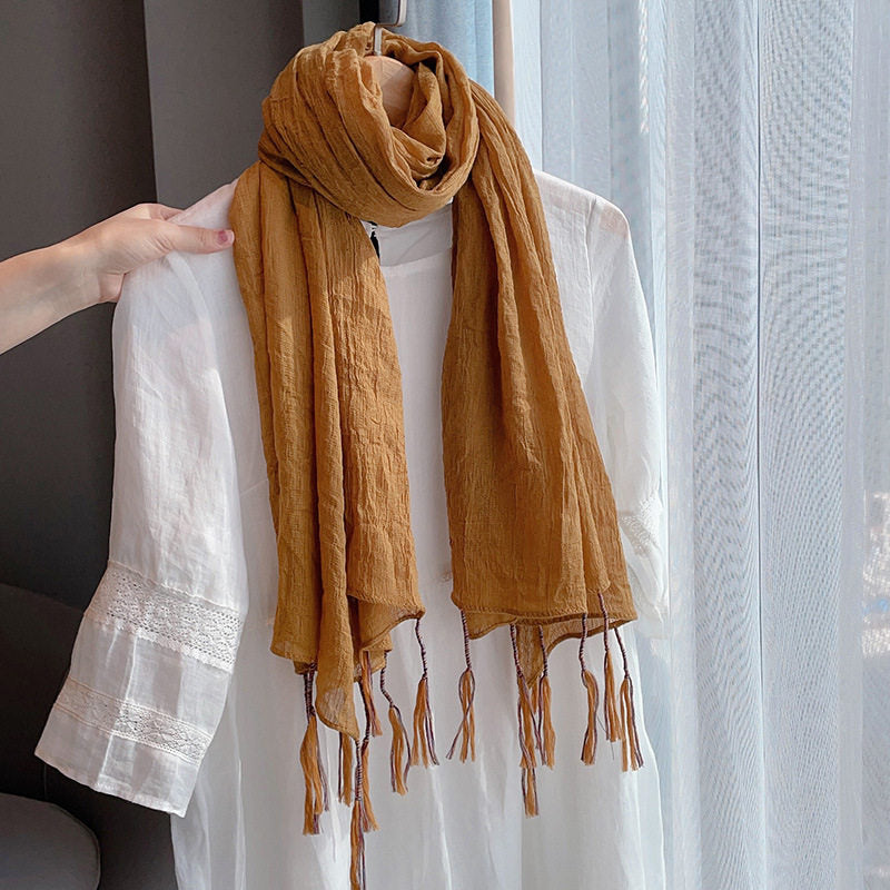 Mustard Yellow Color Classy Winding Tassel Cotton Hijab/Orna