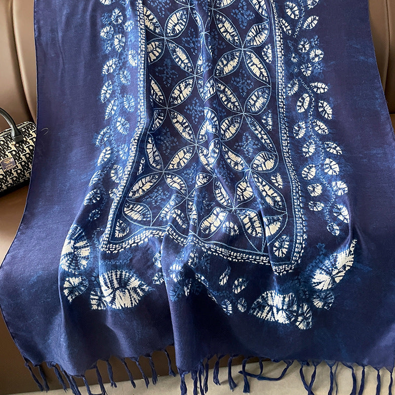 Ethnic Tie-Dye Style Buckle Women's Travel Sun Protection Yunnan Blue and White Literature Art Chinese Big Size Scarf / Hijab