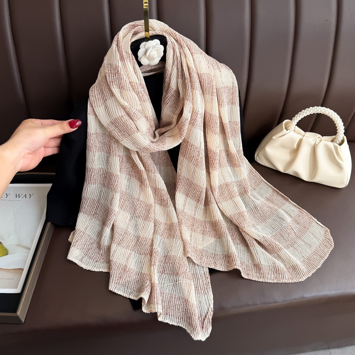 Sophisticated Beige Color Imported Double-Sided Plaid Cotton Scarf with Gold Thread Decorative Casual Versatile Striped