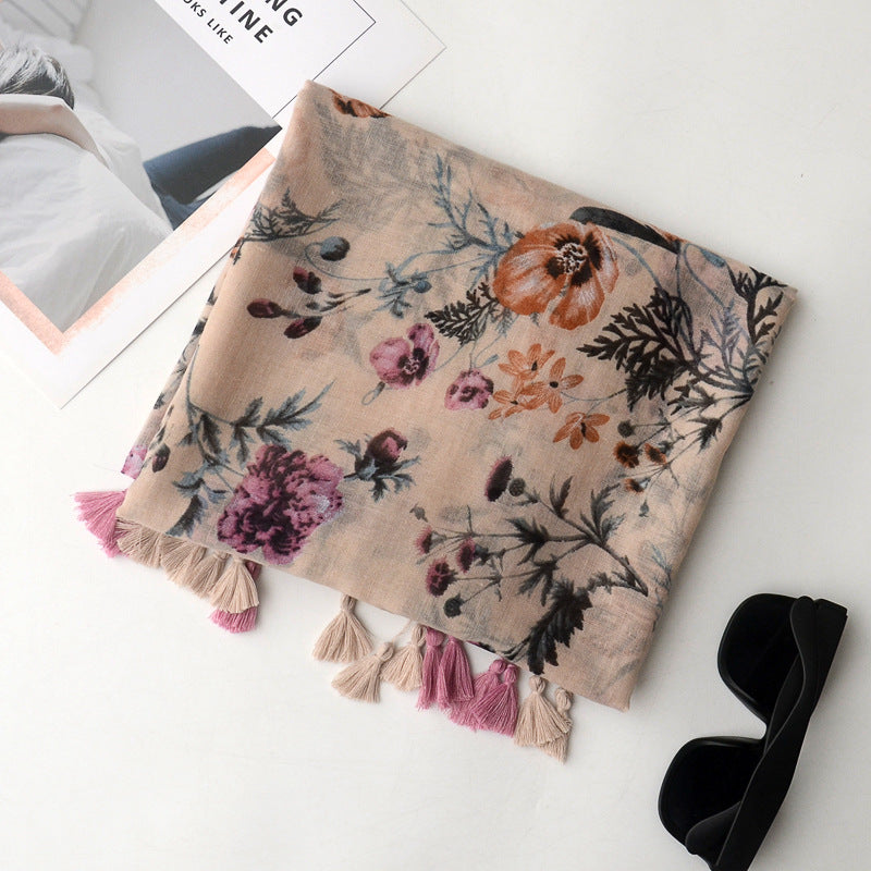 Sophisticated Ivory Color Floral Printed Imported Summer Friendly Long Tassel Hijab / Orna