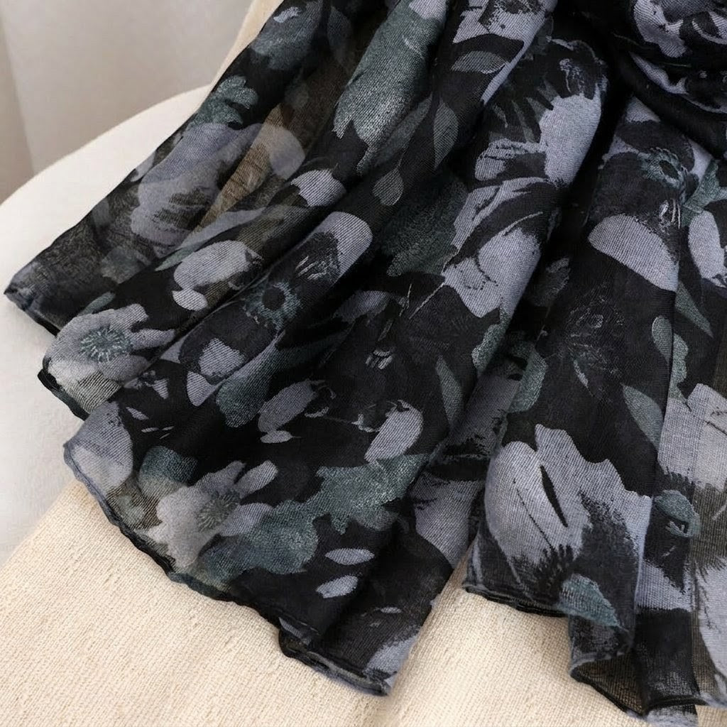 Elegant Black Color Floral Patterned Soft Lightweight Long Hijab / Orna
