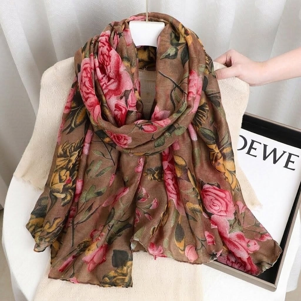 Stunning Coffee Brown Color Floral Patterned Soft Lightweight Long Hijab / Orna