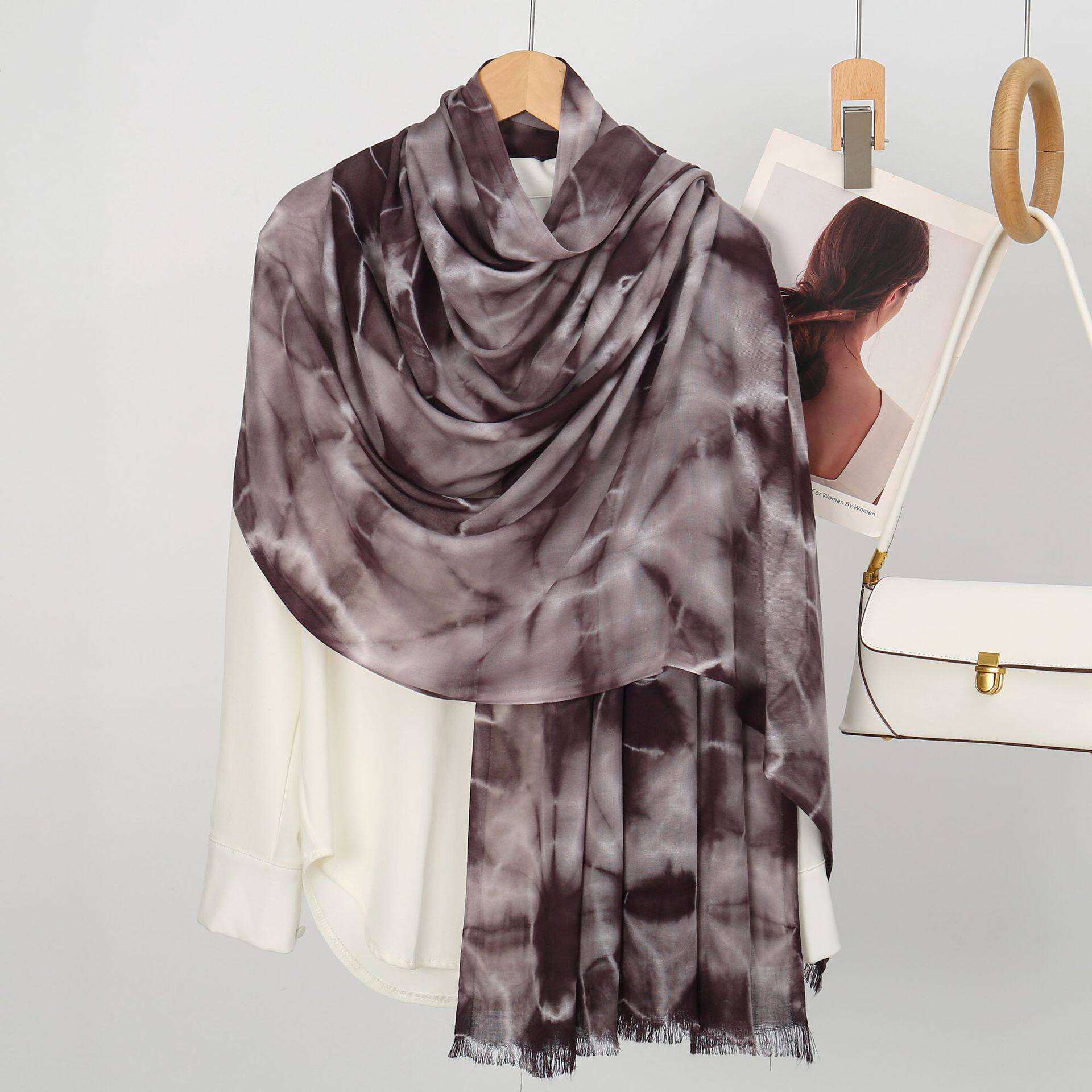 Classy Charcoal Grey High Quality Tie-Dye Rayon Cotton Scarf Women Girl Ombre Striped Imported Long Crinkle Breathable Printed Hijab / Orna