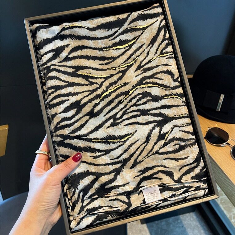 Stunning Black Rice High Quality Imported Zebra Printed Long Party Hijab / Orna Adorned With Elegant Golden Detailing