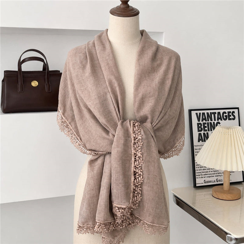 Stunning Khaki Color Artistic Lace Edged Imported Premium Summer Friendly Cotton Hijab / Orna