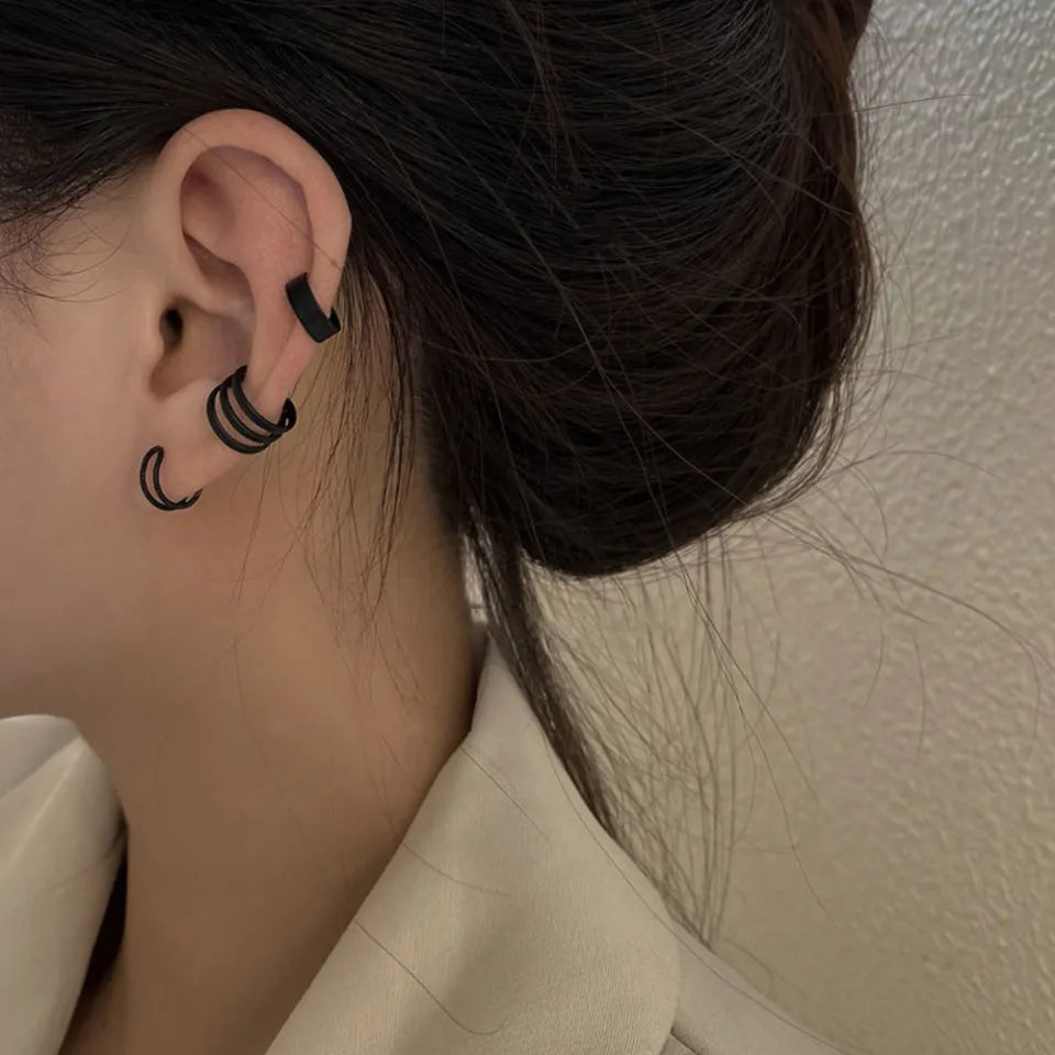 Black Alloy Metal Hollow Ear Cuff Clip Earrings for Women Teens Grils